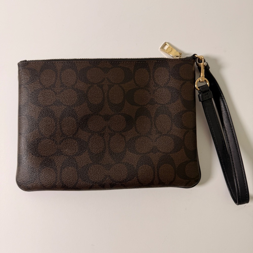 Coach Signature Canvas Wristlet Brown Black Monogram Zip Clutch - Picture 7 of 9